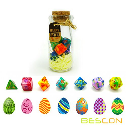 Bescon Easter Dice Polyhedral Dice 7pcs RPG Set in Glass Jar, RPG Dice Set d4 d6 d8 d10 d12 d20 d% Set of 7 Easter Dice-DND Dice
