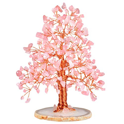 mookaitedecor Rose Quartz Crystal Tree Tumbled Stones, Geode Agate Slices Base Money Tree Decoration for Wealth and Luck 5"-6"