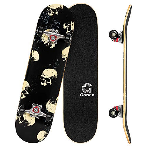 Gonex 31 x 8 Inch Complete Skateboard, 9 Layer Maple Deck Double Kick Deck Concave Cruiser Skateboard for Boys Girls Teens Adults Beginner, Skull