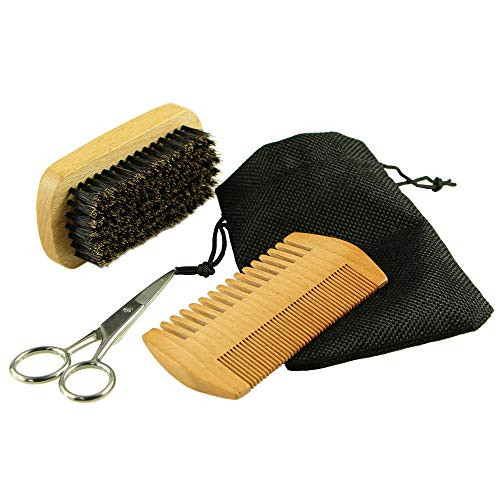 Beard Comb Brush Kit ?3 in 1 Boar Bristle Beard Brush & Moustache Comb & Scissor,Essential beard care set
