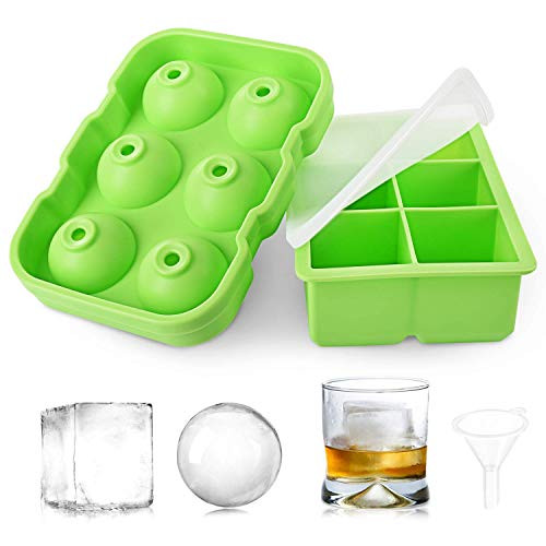 Ice Cube Trays, HOOMIL Silicone Ice Ball Maker and Square Ice Cube Molds with Lid for Whiskey Cocktails, Reusable and BPA Free (Set of 2)