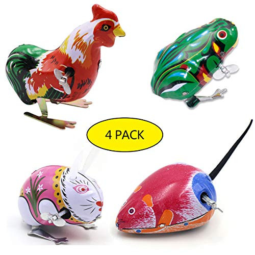 Halloluck 4 Pack Funny Clockwork Spring Wind Up Metal Jumping Frog, Rabbit, Mouse, Cock Toy, Retro Vintage Wind-up Metal Tin Toy, Party Favor Tog Gift for Kids Children Halloluck 4 Pack Funny Clockwork Spring Wind Up Metal Jumping Frog, Rabbit, Mouse, Cock Toy, Retro Vintage Wind-up Metal Tin Toy, Party Favor Tog Gift for Kids Children