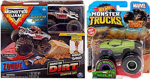 Hot Wheels Smash & Crash Hulk Marvel Hero Monster Truck Crushable Car Bundled with Zombie Dirt Jam Kit Jump Sand Stunt 2 Items