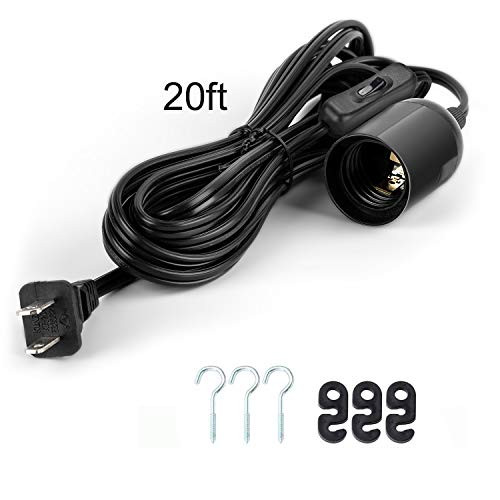 JACKYLED Extension Hanging Lantern Cord Cable 20Ft UL 360W with E26 E27 Socket On/Off Button Pendant Lighting(Black)