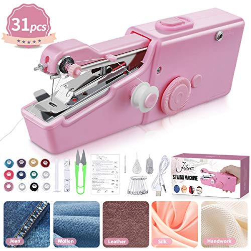 Jeteven Handheld Sewing Machine, Mini Handy Portable Sewing Machine Cordless Quick Repairing Suitable for Beginners Sewing Clothes Fabric Curtain DIY Pet Cloth(Pink)