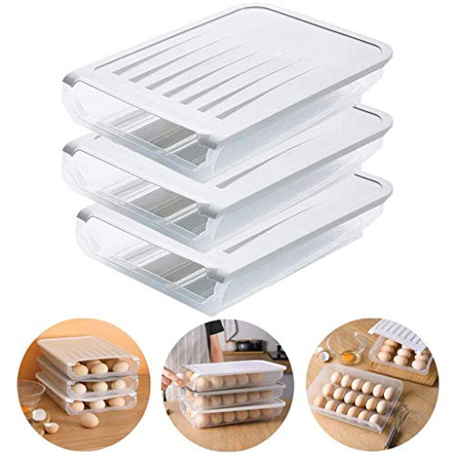 Auto Scrolling Egg Storage Holder, Eggs Storage Rack Refrigerate Spherical Food Organizer Plastic Container for Refrigerator Space Saver Holds up to 18 Eggs(White,3 Pack)