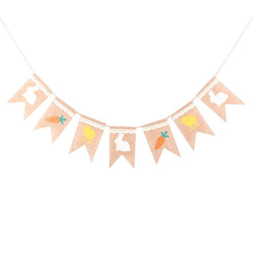 Junxia Happy Easter Banner Decorations Burlap Bunny Rabbit & Carrot or Chick Print Bunting for Garland Party Decors Favors