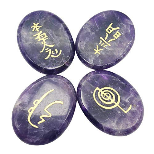 favoramulet Engraved Palm Stone, Healing Crystal Chakra Polished Worry Pocket Stones, Reiki Balancing, Flat Oval Shaped, Pack of 4, Amethyst, 1.9" x 1.5"