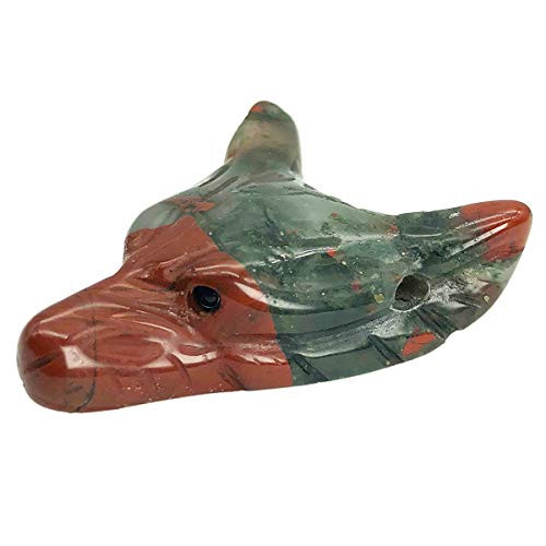 favoramulet Handcarved Natural Africa Bloodstone Wolf Head Animal Statue Figurine, Pocket Healing Crystal Sculpture Ear Drilled Charm, Small 1.3"