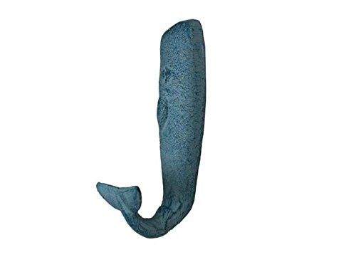 Hampton Nautical Decorative Cast Iron Whale Hook, 6", Light Blue Whitewashed