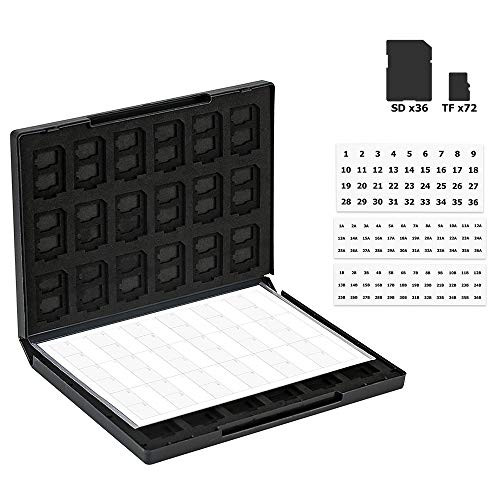 36 SD + 72 TF : 108 Slots Memory Card Case Folder Organizer Keeper with Index Label for SD SDHC SDXC TF MSD MicroSD MicroSDHC MicroSDXC Storage Holder for DSLR Mirrorless Camera Drone Photography