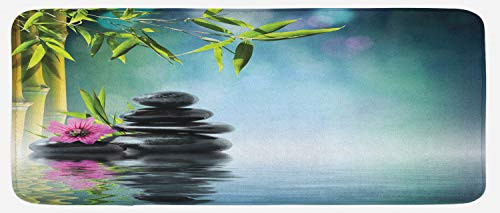 Ambesonne Peace Garden Kitchen Mat, Pink Flower Spa Stones and Bamboo Tree on The Water Relaxation Theraphy Peace, Plush Decorative Kitchen Mat with Non Slip Backing, 47" X 19", Dark Blue