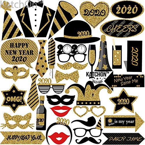 New Years Photo Booth Props  Pack of 37 - Printed Glitter | 2020 New Years Eve Photo Props | Great for New Years Eve Party Supplies 2020 | Happy New Year Party Decorations 2020 | NYE Props, DIY