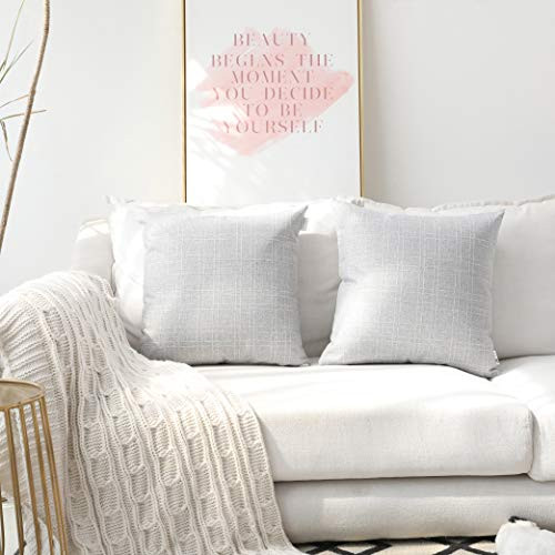 Kevin Textile Decorative Checkered Pillow Covers Simple Style Cushion Case Linen Square Throw Pillowcase for Sofa Car Bed, Set of 2, 18 x 18 Inch, Glacier Grey