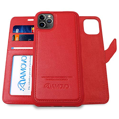 AMOVO Leather Case for iPhone 11 Pro Max (6.5) [Genuine Leather] iPhone 11 Pro Max Wallet Case Detachable [2 in 1 Folio] [Wristlet] iPhone 11 Pro Max Leather Folio (11ProMax, Genuine Leather Red)