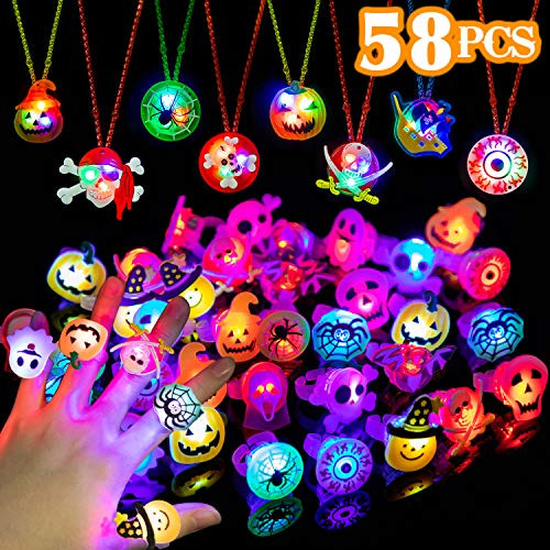 WEBSUN Halloween Party Favors 58 PCS LED Flash Rings & Light Up Necklaces for Kids & Adults, Glow in The Dark Halloween Party Supplies Non Candy Halloween Treats Goodie Bag Fillers