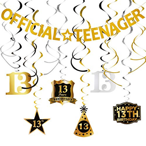 13 Birthday Decorations Kit - Gold Glittery Official Teenager Banner and Happy 13th Birthday Party Celebration Swirls Streamers for 13 Years Old Birthday Party Supplies?High Quality? 13 Birthday Decorations Kit - Gold Glittery Official Teenager Banner and Happy 13th Birthday Party Celebration Swirls Streamers for 13 Years Old Birthday Party Supplies?High Quality?
