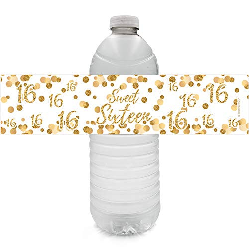 White and Gold 16th Birthday Sweet Sixteen Party Water Bottle Labels, 24 Stickers