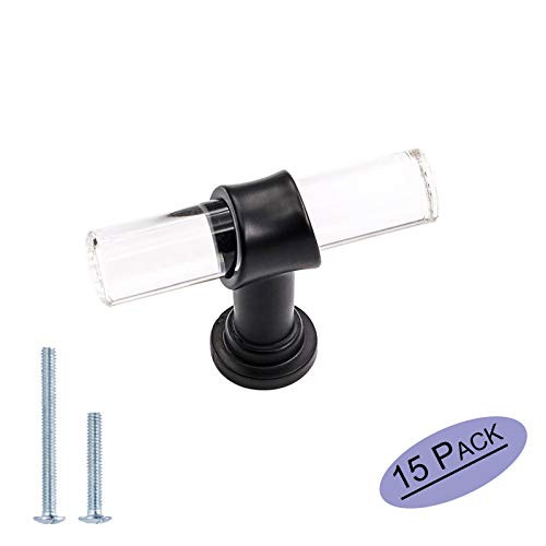15 Pack | goldenwarm Kitchen Cupboard Knobs Crystal Cabinet Knobs - LS9165BK Single Hole T Bar Knobs for Drawer Dresser Black Cabinet Hardware Knobs