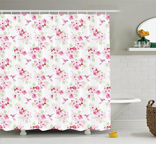 Ambesonne Hummingbirds Decorations Collection, Hummingbirds and Bunches with Magnolias Roses Pattern Floral Design, Polyester Fabric Bathroom Shower Curtain Set with Hooks, Pink Magenta Green