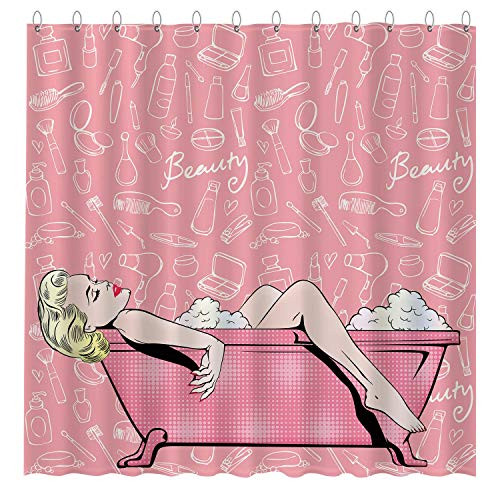 Funnytree A Woman Bathing in Tub Pink Shower Curtain Set with Hooks Home Bathroom Bathtubs Decor Easy Care Waterproof Machine Washable Durable Polyester Fabric 72"x72" Funnytree A Woman Bathing in Tub Pink Shower Curtain Set with Hooks Home Bathroom Bathtubs Decor Easy Care Waterproof Machine Washable Durable Polyester Fabric 72"x72"