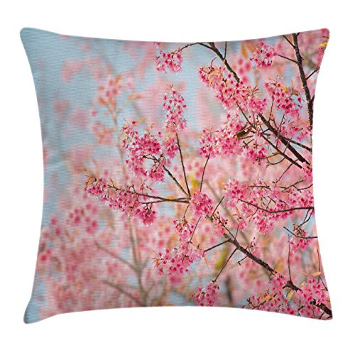Ambesonne Floral Throw Pillow Cushion Cover, Japanese Sakura Cherry Blossom Branches Full of Spring Beauty Picture, Decorative Square Accent Pillow Case, 20" X 20", Blue Pink