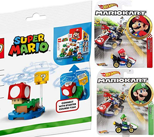 Hot Wheels Super Mushroom Surprise Buildable Set Bundled with Luigi Standard Cars + Mariokart Mario Cart 3 Items Hot Wheels Super Mushroom Surprise Buildable Set Bundled with Luigi Standard Cars + Mariokart Mario Cart 3 Items