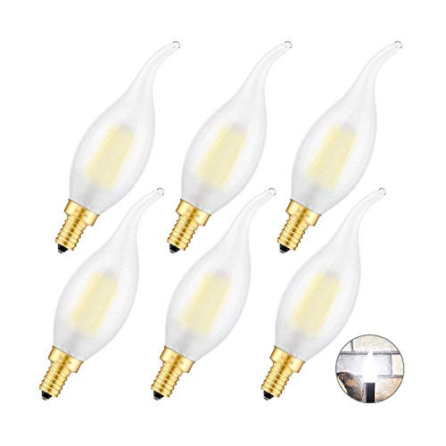 CRLight 6W LED Candelabra Bulb 5000K Daylight White 60W Equivalent 600LM, E12 Base Antique C35 Frosted Glass Candle Flame Shape Dimmable LED Chandelier Light Bulbs, 6 Pack