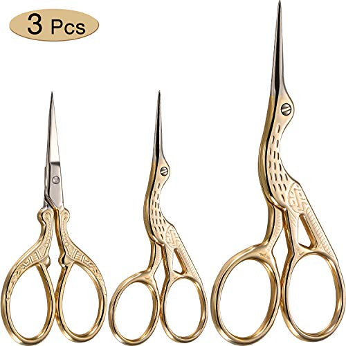 3 Pieces Stork Scissors Stainless Steel Crane Design Sewing Scissors Embroidery Scissors Tailor Scissors Dressmaker Shears for Embroidery, Paper Cutting, Sewing and Daily Activities (Gold)
