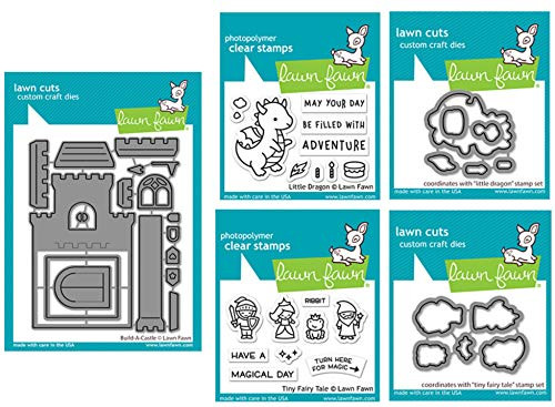 Lawn Fawn Build a Castle Interactive Die with Little Dragon 2"x3" Stamps and Dies and Tiny Fairy Tale 2"x3" Stamps and Dies, 5 Item Bundle (LF2347, LF2323, LF2324, LF2325, LF2326)