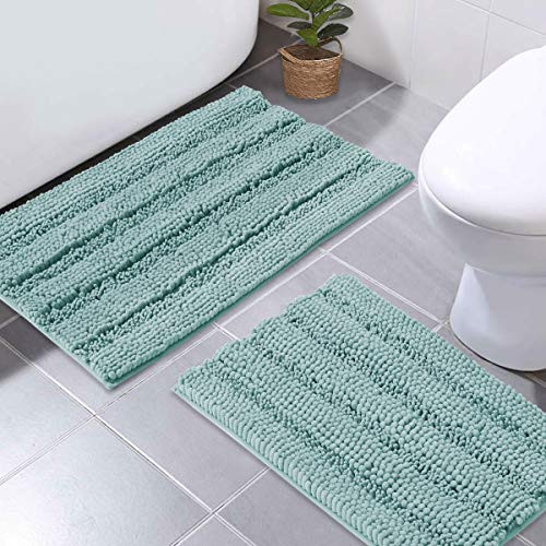 NICETOWN Bath Mats Shower Rugs Slip-Resistant Extra Absorbent Soft and Fluffy Thick Bath Mats, Non-Slip Microfiber Shag Floor Mats, Dry Fast Waterproof Kids Tub Mats(Duck Egg Blue, 20 x 32 + 17 x 24)