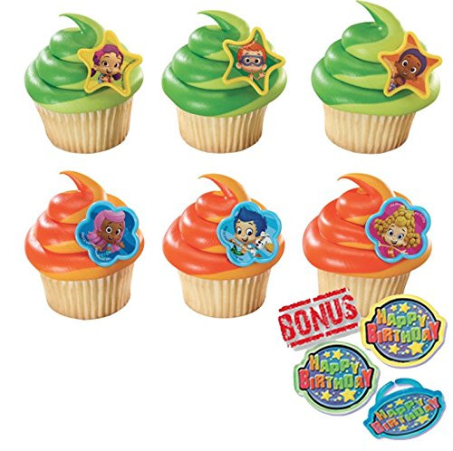 Bubble Guppies Gil, Molly and Gang Cupcake Toppers and Bonus Birthday Ring - 25 piece