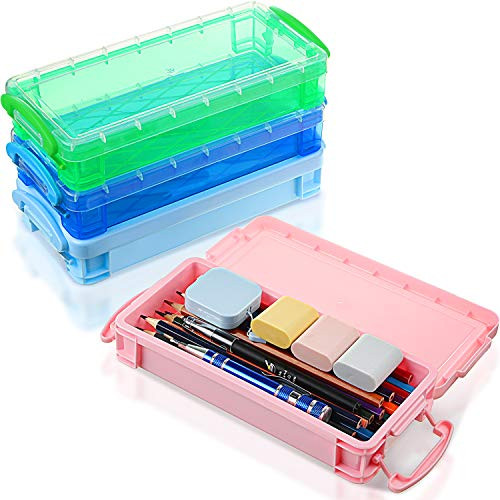 4 Pieces Plastic Pencil Boxes Utility School Storage Boxes Pencil Organizers Pen Pencil Plastic Cases with Snap-Tight Lid Large Capacity Pencil Boxes for Student (Pink, Blue, Clear Blue, Clear Green)