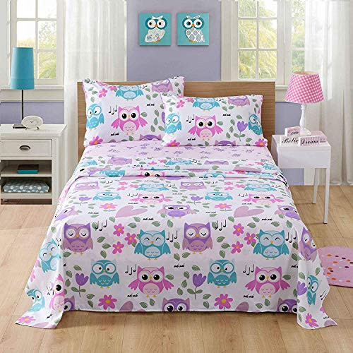 MarCielo Bed Sheets for Kids Full Sheets for Kids Girls Boys Teens Children Sheets Soft Fitted Flat Printed Sheet Pillowcase Kids Bedding Bunk Beds Set Owl (Full)