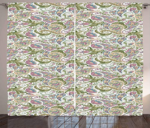 Ambesonne Paisley Curtains, Flowers Tulips Leaves and Petals Vintage Boho Design Pattern, Living Room Bedroom Window Drapes 2 Panel Set, 108" X 90", Purple White Green