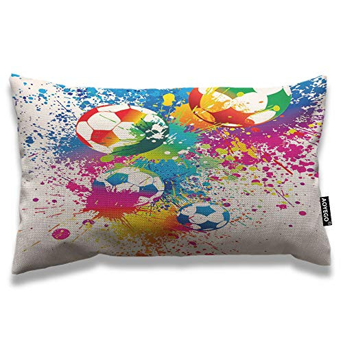 AOYEGO Football Throw Pillow Cover 12x20 Inch Sports Passion Rainbow Color Soccer Balls Doodle Blot Polka Dot Rectangle Pillow Cases Home Decorative Cotton Linen Cushion Cover for Bed Sofa