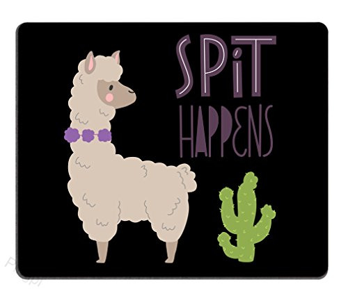 Cute Llamas Alpaca with Cactus Hand Drawn Cartoon Mouse pad with Lettering Quote Spit Happens