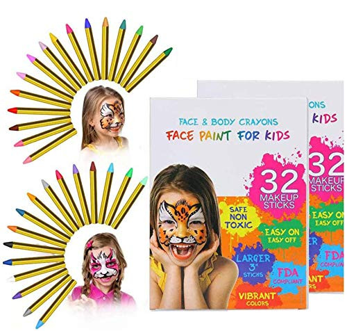 ThinkMax 64 Pcs Face Paint Crayons for Kids, 32 Colors Face Painting Kit, Safe & Non-Toxic Face Body Crayons, Great for Halloween, Birthday, School Party