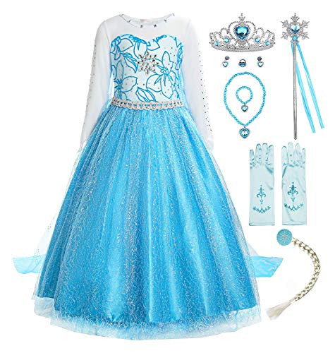 ReliBeauty Little Girls Snow Princess Fancy Dress Queen Costume with Accessories, 6X/140, Blue