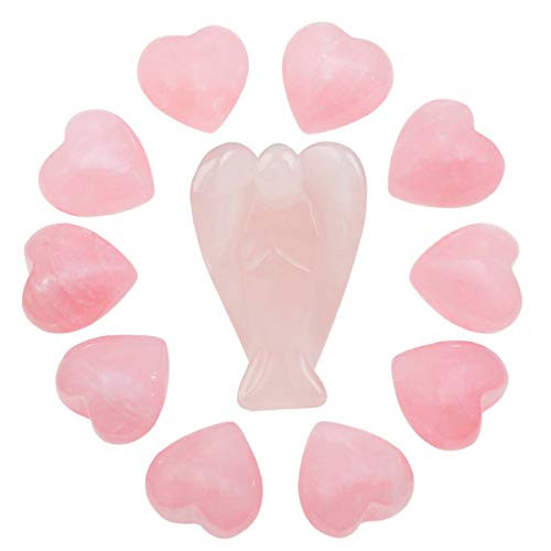 rockcloud Healing Crystal 0.5 inch Puff Hearts & Guardian Angel Carved Worry Stones Chakra Reiki Balancing Set, Rose Quartz