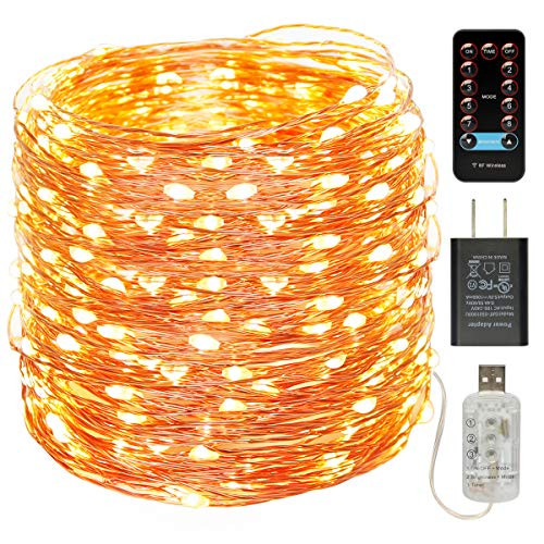 buways Fairy Lights, Warm White, 66 ft, 200 LEDs String Lights, 1 Pack, USB Plugin, IP65 Waterproof, RF Remote Control, Timer Function Twinkle String Lights, 8 Modes Silver Wire Firefly Lights