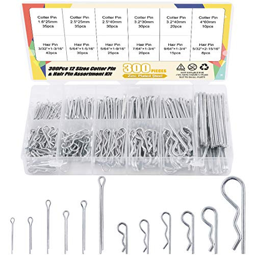 Rustark 300 Pcs Cotter Pin Assortment Kit with 6 Sizes Zinc Plated Steel Hitch Pin Hairpin Clip Key and Spring R Clips Fastener Set for Automotive Marine Tractors Mower Carts Truck
