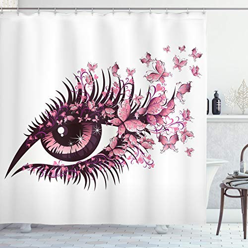 Ambesonne Butterflies Shower Curtain, Fairy Female Eye with Butterflies Eyelashes Mascara Stare Party Makeup, Cloth Fabric Bathroom Decor Set with Hooks, 75" Long, Pink White