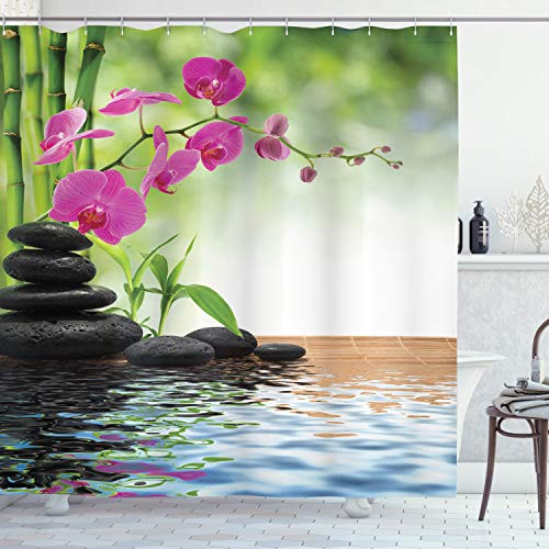 Ambesonne Spa Shower Curtain, Composition Bamboo Tree Floor Mat Orchid Stones Wellness Greenery, Cloth Fabric Bathroom Decor Set with Hooks, 84" Long Extra, Green Dimgray