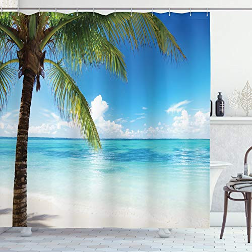 Ambesonne Ocean Shower Curtain, Exotic Beach Water and Palm Tree by The Shore with Clear Sky Landscape Image, Cloth Fabric Bathroom Decor Set with Hooks, 70" Long, Green Blue