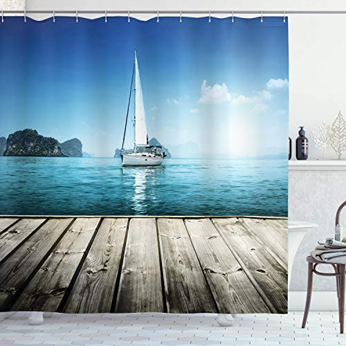Ambesonne Nautical Shower Curtain, Yacht from Wooden Deck Horizon Serenity Seascape Leisure Aquatic Coastal Theme, Cloth Fabric Bathroom Decor Set with Hooks, 75" Long, Brown Blue