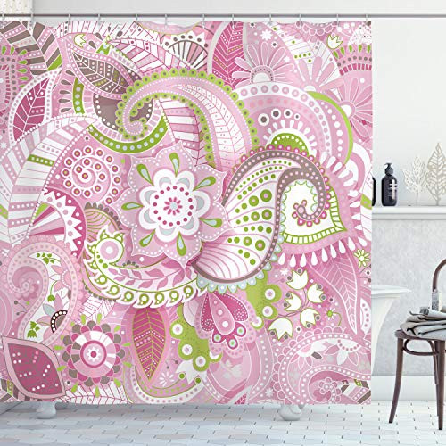 Ambesonne Flower Shower Curtain, Lively Colorful Paisley Pattern Print with Floral Design Dots Swirls Stripes and Leaves, Cloth Fabric Bathroom Decor Set with Hooks, 84" Long Extra, Pink