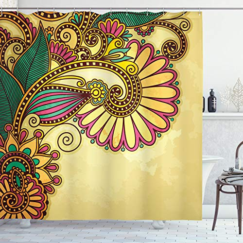 Ambesonne Grunge Shower Curtain, Paisley Flower Leaf Design with Floral Mandala Oriental Pattern Effects, Cloth Fabric Bathroom Decor Set with Hooks, 75" Long, Pastel Yellow