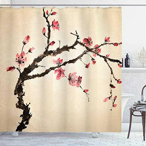 Ambesonne Japanese Shower Curtain, Traditional Chinese Paint of Figural Tree with Details Brushstroke Effects Print, Cloth Fabric Bathroom Decor Set with Hooks, 70" Long, Brown Pink Ambesonne Japanese Shower Curtain, Traditional Chinese Paint of Figural Tree with Details Brushstroke Effects Print, Cloth Fabric Bathroom Decor Set with Hooks, 70" Long, Brown Pink