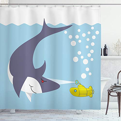 Ambesonne Yellow Submarine Shower Curtain, Shark with Vessel in Ocean Bubbles Under Sea Theme Animals Cartoon, Cloth Fabric Bathroom Decor Set with Hooks, 84" Long Extra, Blue Gray Ambesonne Yellow Submarine Shower Curtain, Shark with Vessel in Ocean Bubbles Under Sea Theme Animals Cartoon, Cloth Fabric Bathroom Decor Set with Hooks, 84" Long Extra, Blue Gray